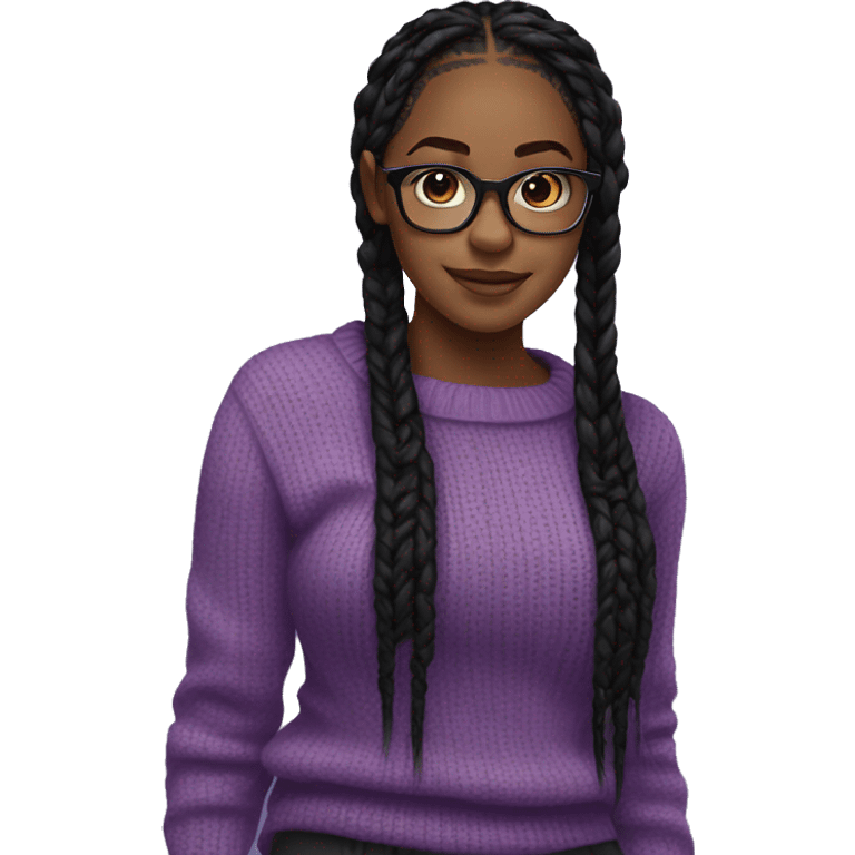  black girl with glasses long black box braids with a purple sweater emoji