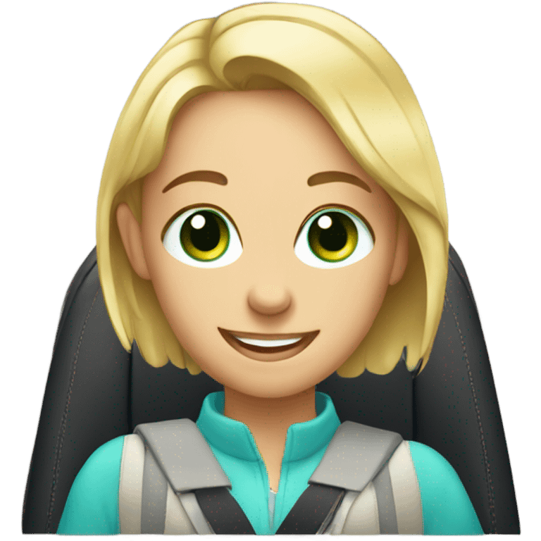 smiling girl in car interior with blue green eyes emoji