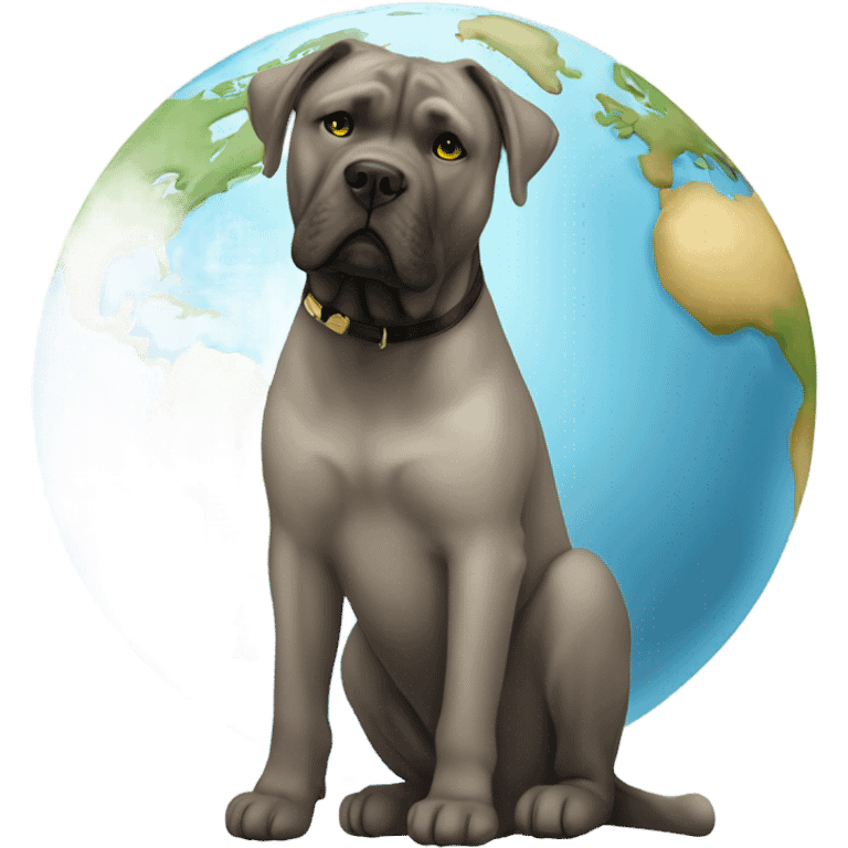 White and gold Cane Corso sitting of a globe of the earth. emoji