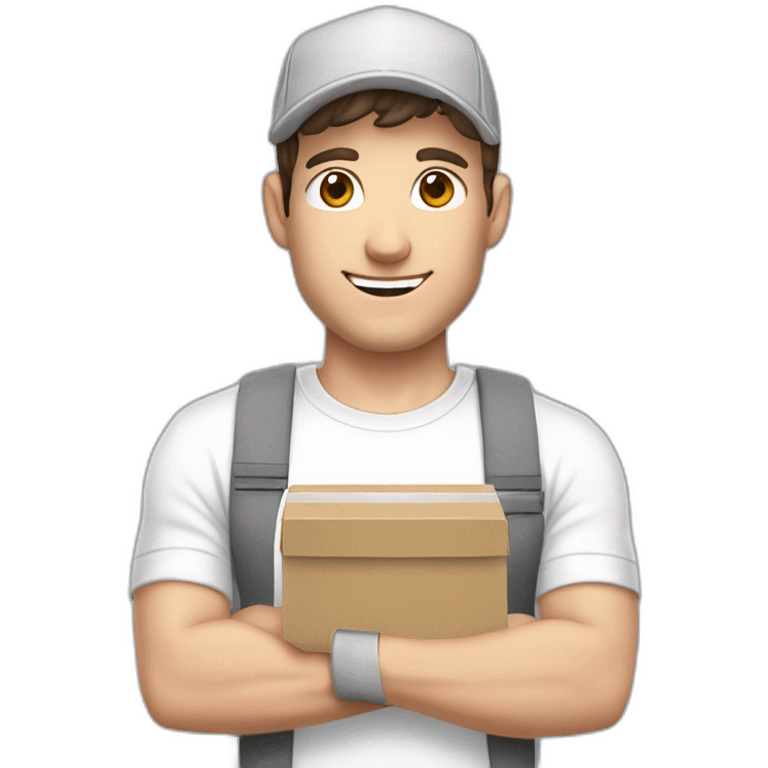 Pale skinned fit Man with dark brown hair in a white cap, gray jeans and gray polo T-shirt keeping a pasted with tape box into his hands emoji