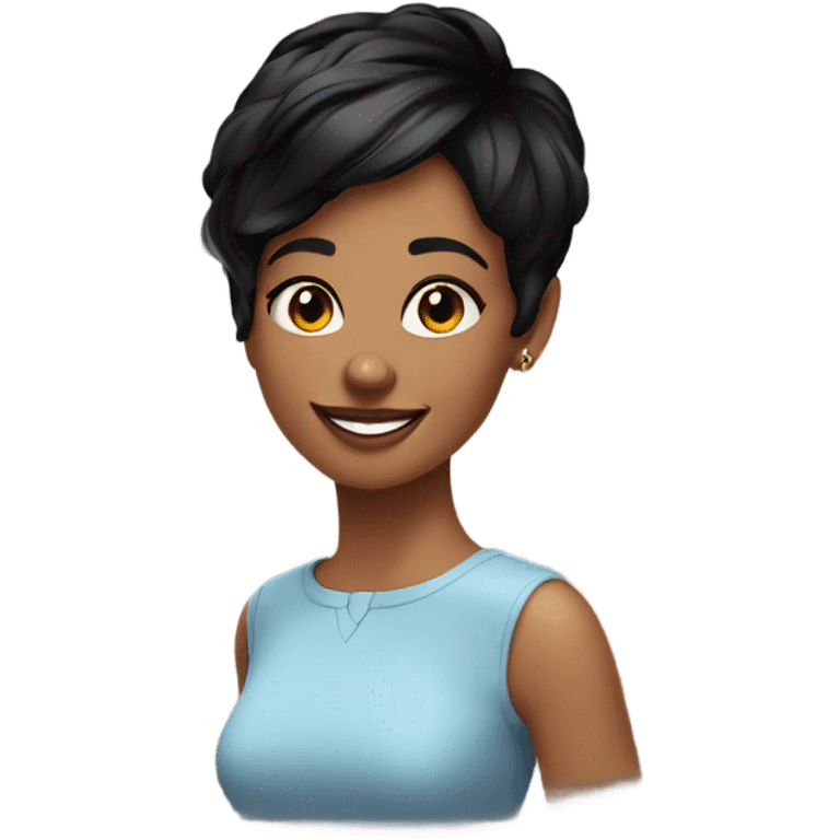 young pretty woman short pixie cut smiling, black hair emoji