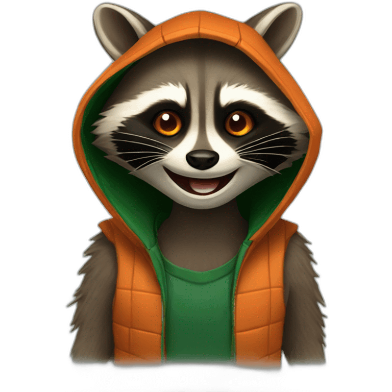 brown raccoon with orange eyes and a dark green hood that is laughing emoji