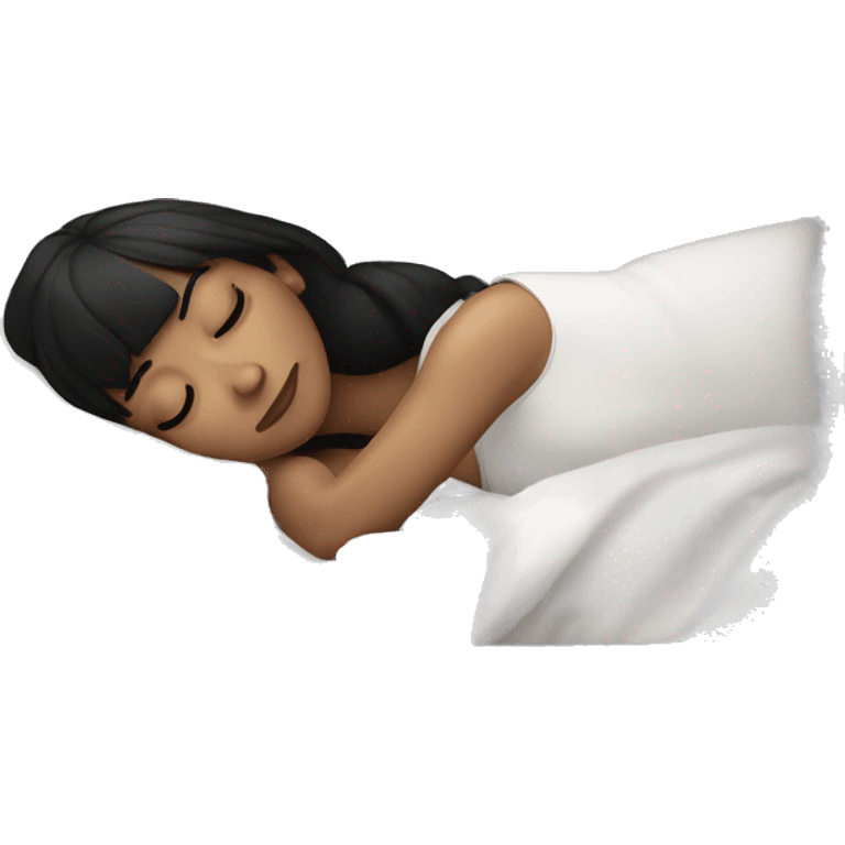 Woman pale skin black hair with bangs sleeping in bed with pillow, white woman emoji