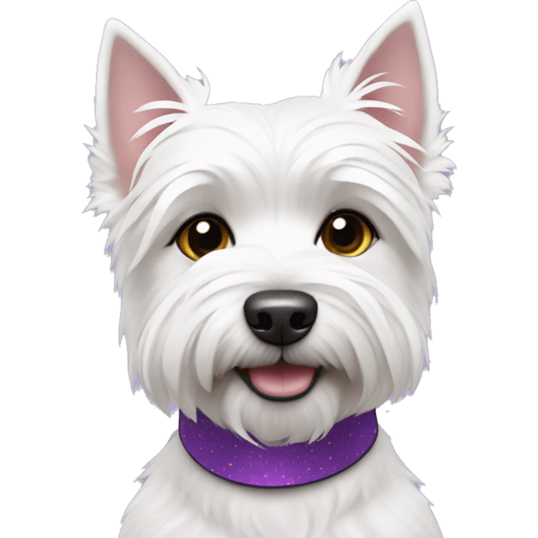 Westie dog wearing a white collar with purple hearts emoji