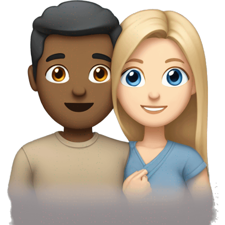 Friends hugging each other. Indian man, short black hair. White woman, blue eyes and long light brown hair emoji