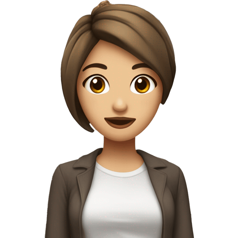 chica con piel blanca, pecas, ojos cafés, pelo chino café rojizo con una blusa café  emoji