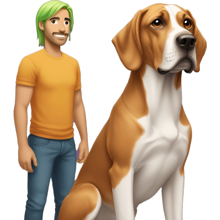 white male with long rainbow colored hair standing alongside a brown rhodesian ridgeback emoji