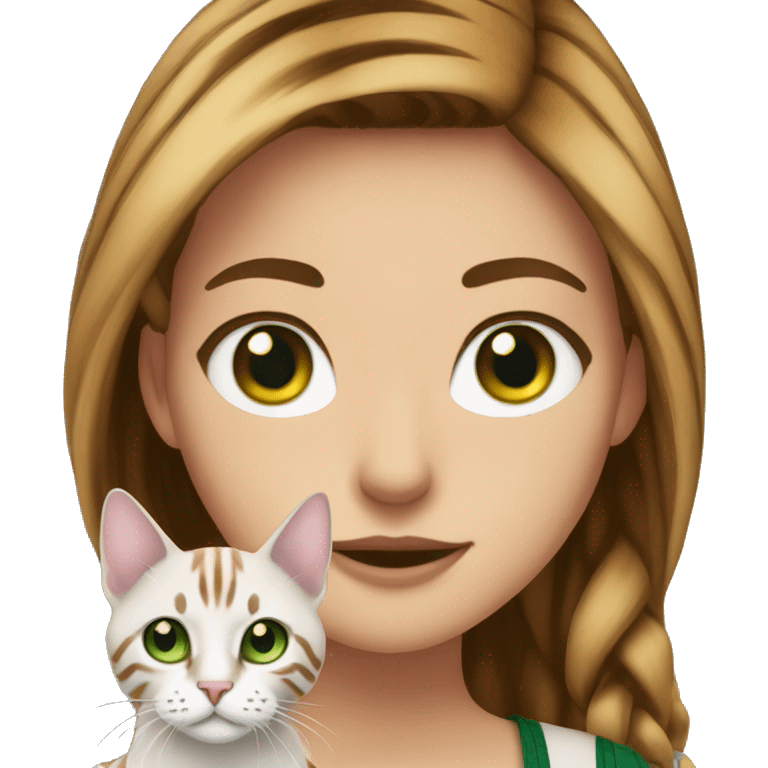 White skin medium hair brunette with bengal cat with green eyes emoji