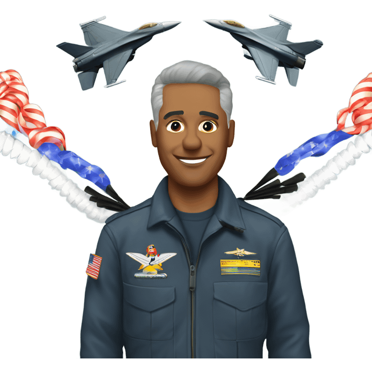 Old fighter pilot standing on ground with F-16 dropping new year streamers from the sky emoji