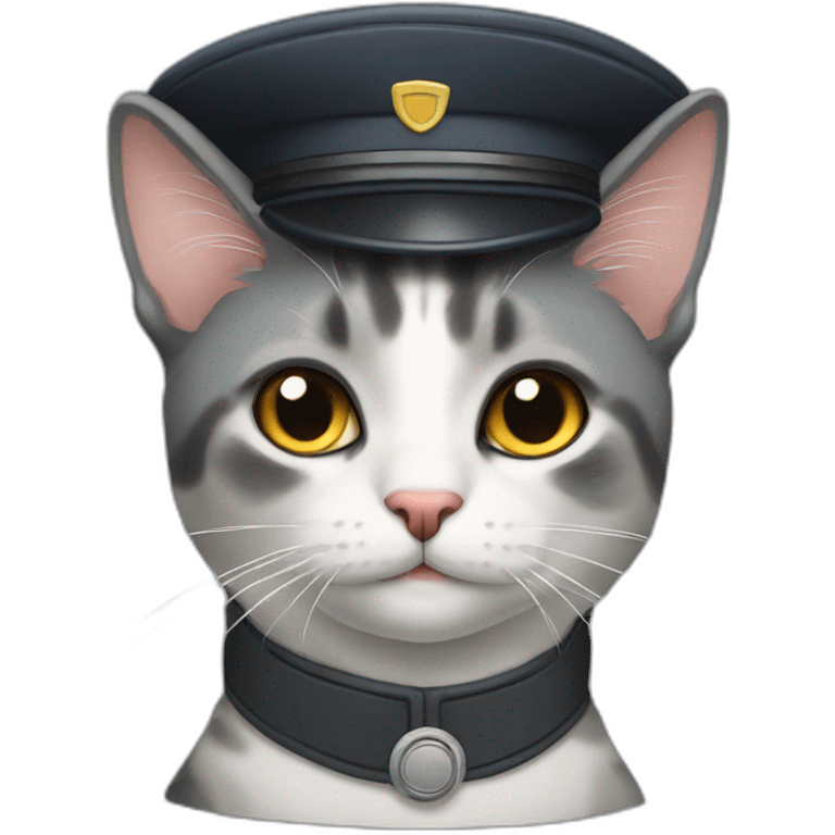 full grey calico cat wearing a pilot hat emoji