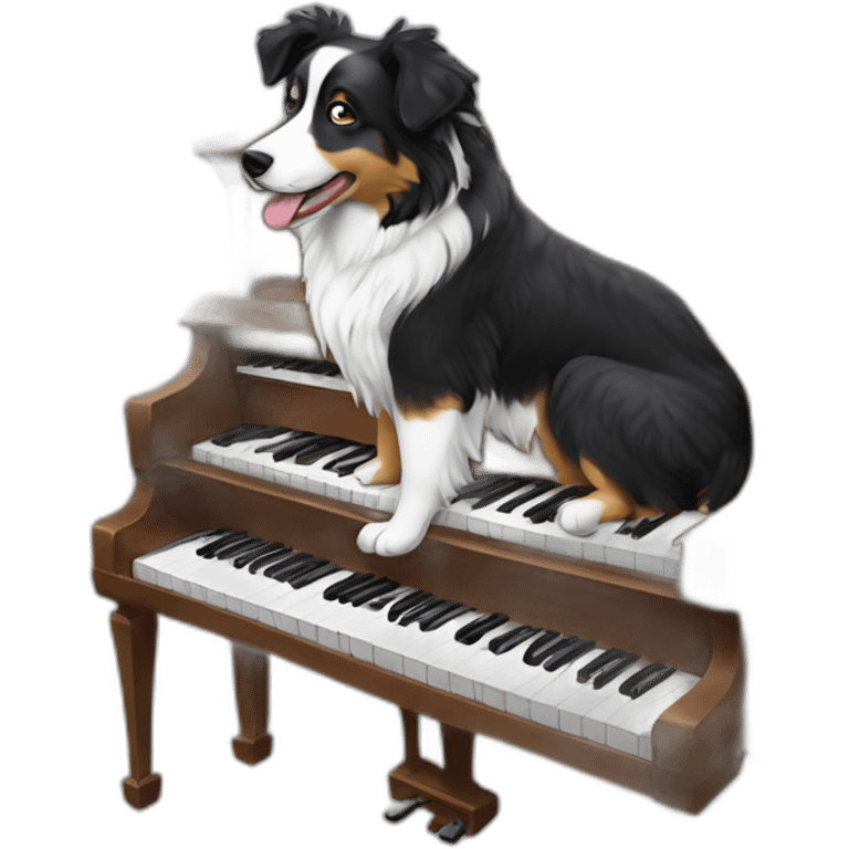 Black and white Australian shepherd playing a child’s piano emoji