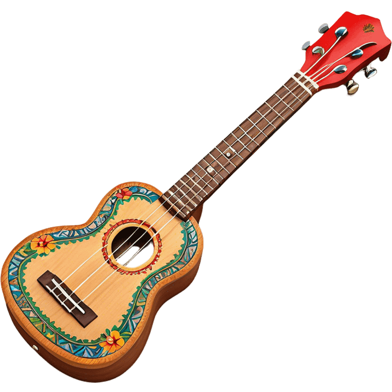 Create a vibrant and artistic emoji representing a ukulele with a Mexican design. The ukulele should feature a bright, colorful body with traditional Mexican patterns, such as geometric shapes, floral motifs, or colorful stripes. Use rich, warm tones like red, yellow, green, and blue to give the instrument a lively, festive look. Highlight the wood grain of the ukulele’s neck and fingerboard, and add subtle details like decorative inlays or a small Mexican flag symbol on the body. The strings should be clearly visible, and the instrument should be in a slightly angled position to showcase its unique design. The background should be transparent. emoji