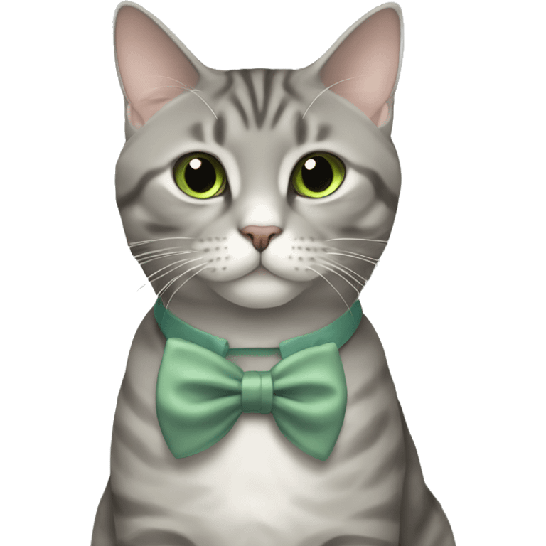 Aesthetic fat grey tabby British short hair full body cat with sage green bow tie emoji