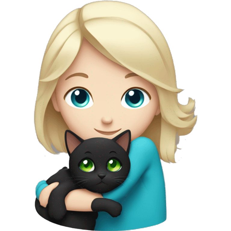 White brown-haired blue-eyed girl hugging black cat with green eyes emoji