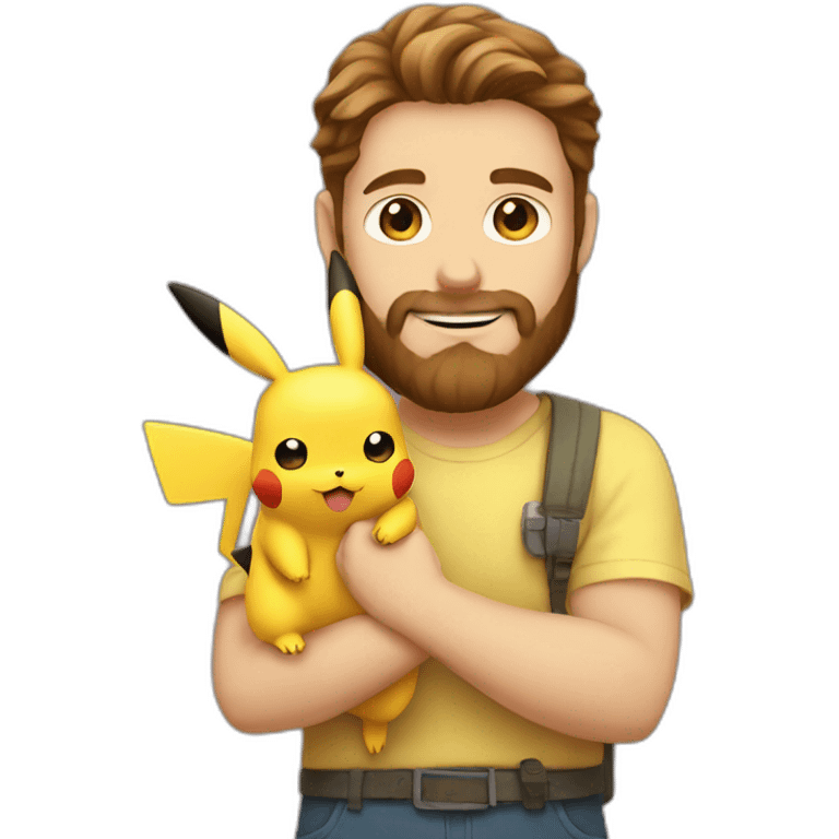 white man with brown hair and beard holding a pikachu pokemon emoji