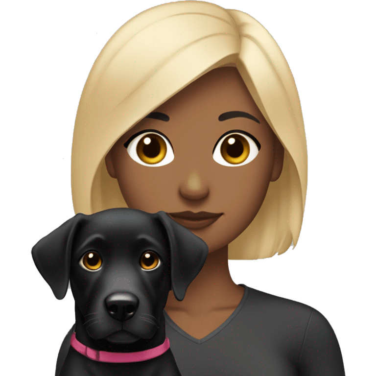 girl with short black hair with blonde streaks in the front laying with a black lab emoji