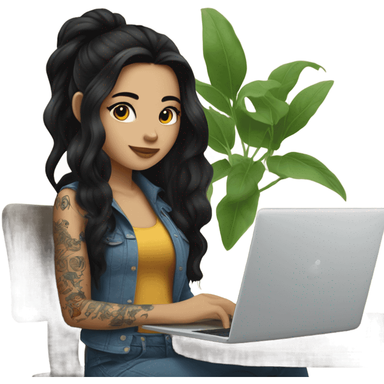 beautiful girl, with tattoos, with long black hair, wavy hair, chinese, with laptop emoji