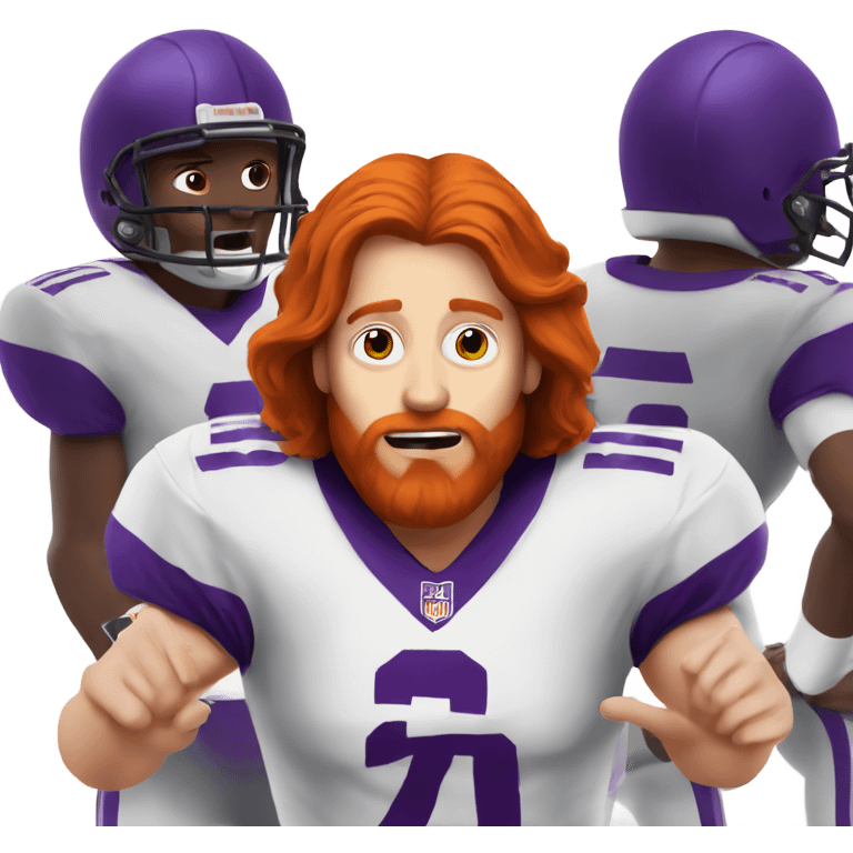 Redhead jesus playing American football wearing purple and silly face emoji