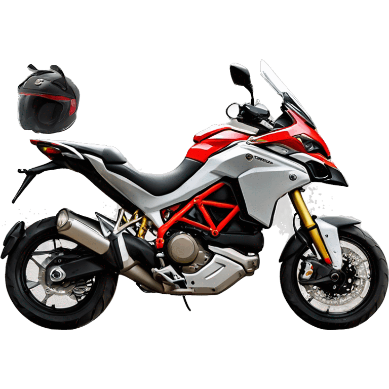 Moto de enduro Ducati multistrada roja y negra con bolsas laterales y bolsa trasera. Piloto con casco abierto gris. Vista frontal emoji