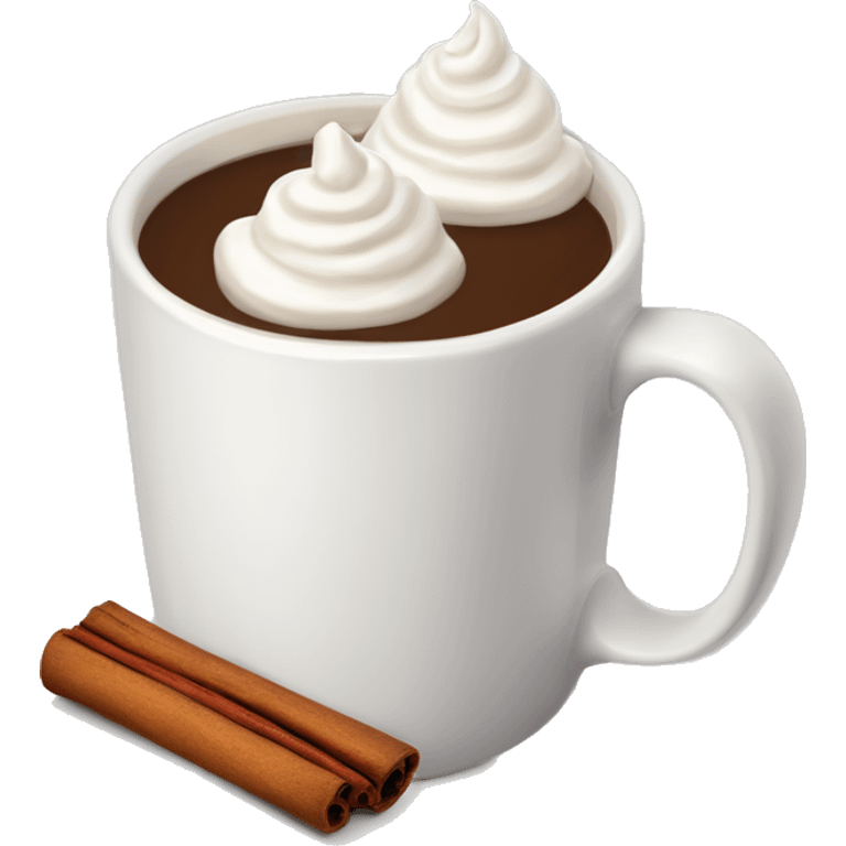 “A white mug of hot chocolate with whipped cream, a cinnamon stick, and steam rising.” emoji