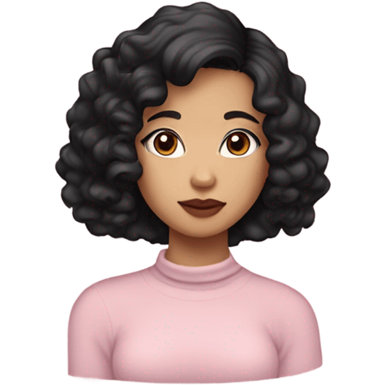 A girl with Asian features, fair skin, brown eyes, a mole, two m oles under each eye, slightly curly black hair, wearing a black turtleneck, and full lips. Curly shoulder-length hair, fair skin, softly pink lips, brown eyes, and Asian-shaped eyes. emoji