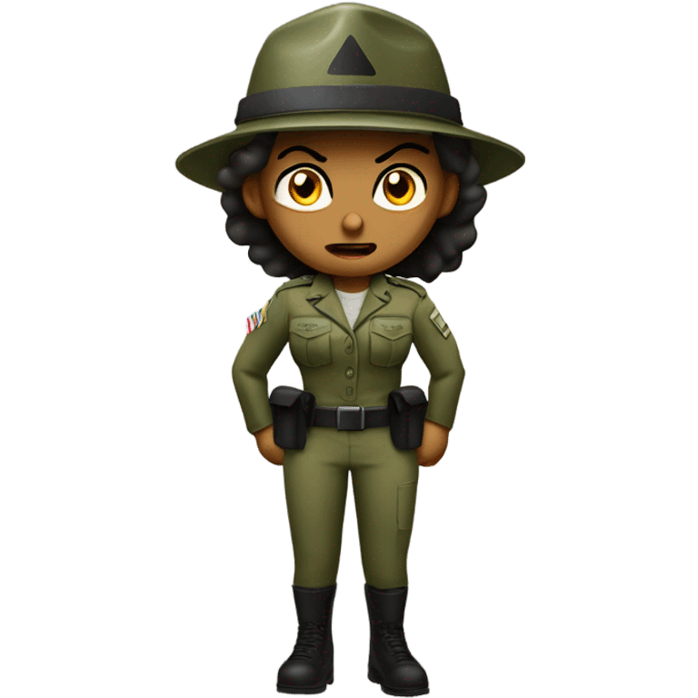 a female drill sergeant character wearing a classic sergeant hat and a camouflage army shirt. The character should have an angry intense expression. full torso emoji