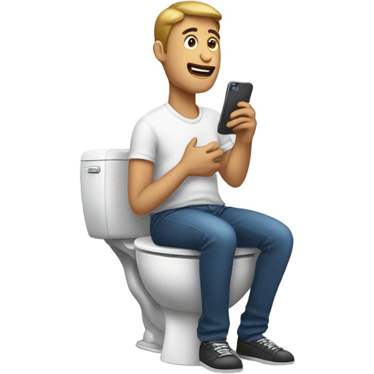 Man sitting on toilet with phone emoji