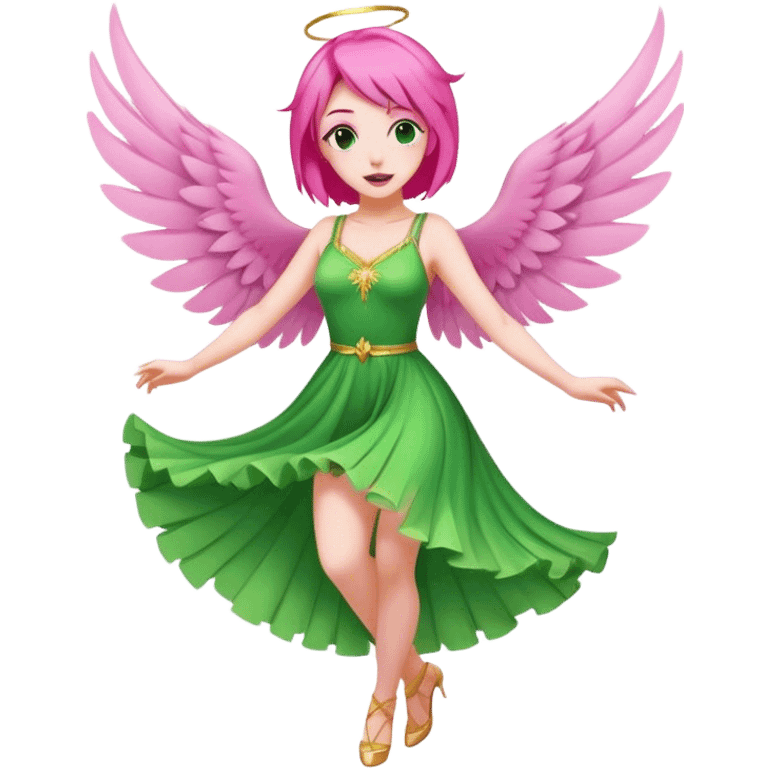 pink fairy with pink hair and pink wings in green dress dancing emoji