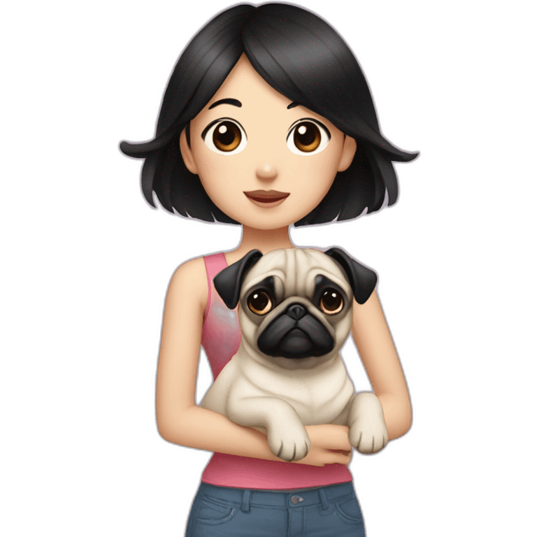 asian girl with black hair standing next to a cute pug  emoji