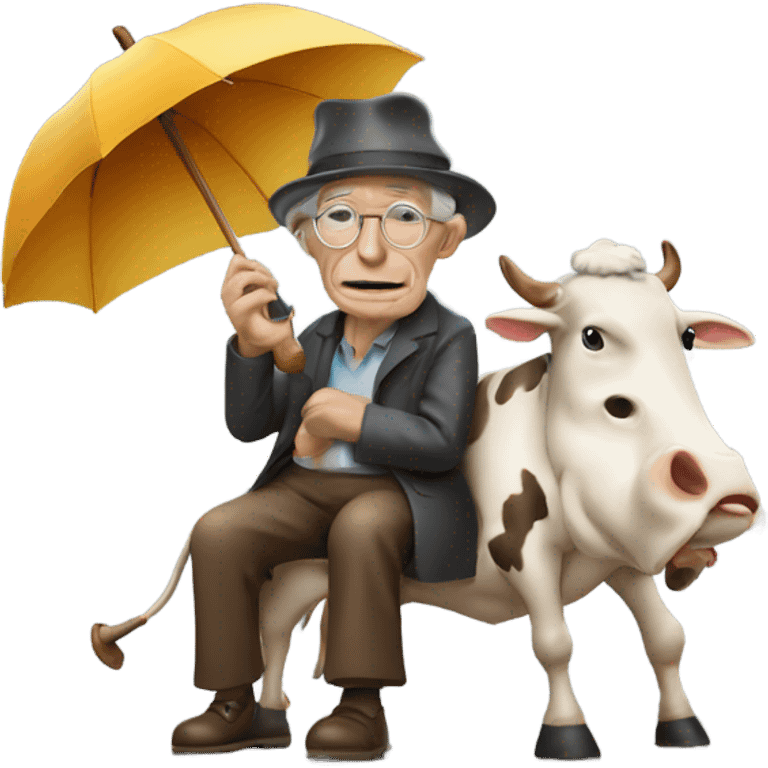 an old person wearing a hat riding a cow with umbrella and smoking a pipe emoji