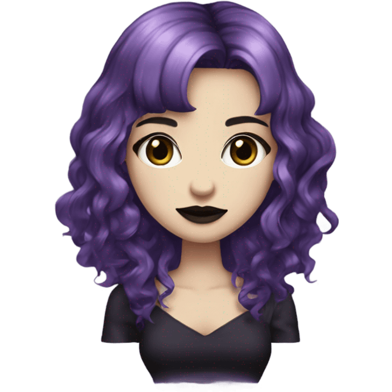 one single alt women, purple hair, wavy hair, medium hair, short bangs, dark makeup, mauve lips, gothic detailed strap dress, white skin  emoji