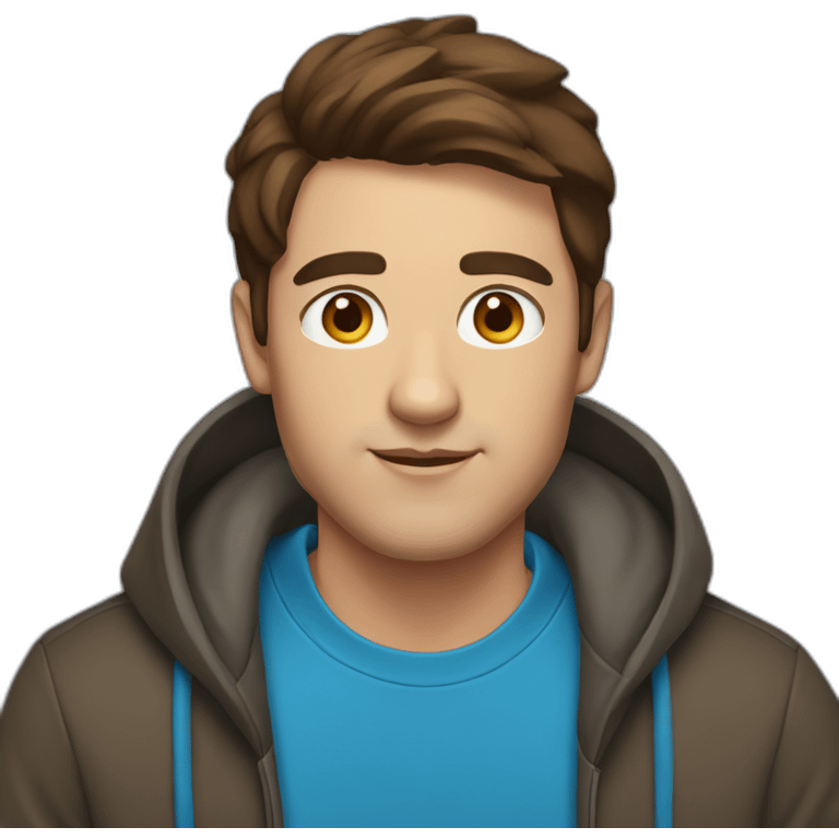 guy with short brown hair, big brown eyes and eyebrows and blu hoodie portrait emoji