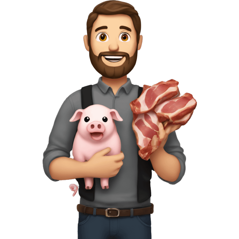 Brunette man with beard holding a pig in one hand and bacon in another hand  emoji