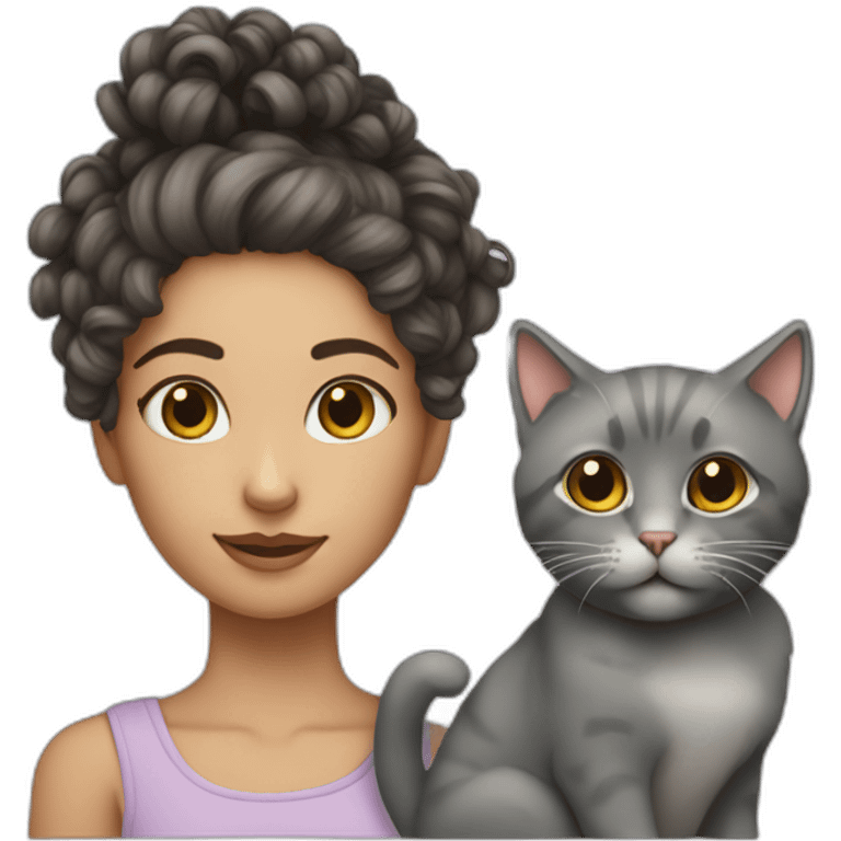 a girl with curly hair tied up and a tiny grey cat besides her emoji