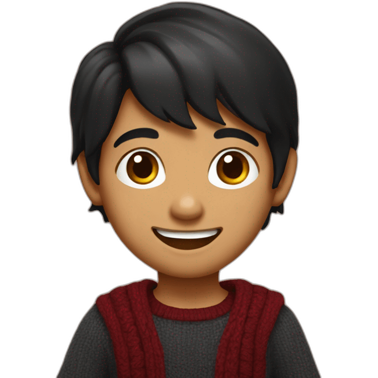 smiling and pointing north indian kid with black hair wearing a dark red sweater emoji