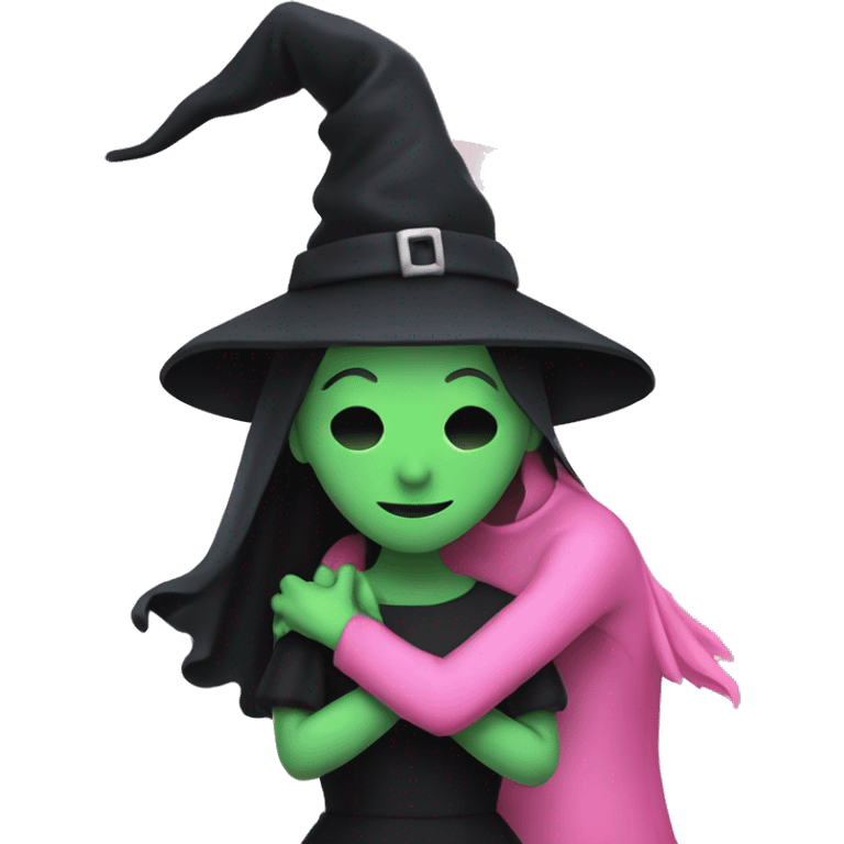 Witch dressed in black with green skin hugging pink dressed white witch emoji