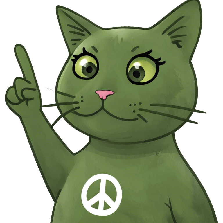 A cat with long eyelashes holding a peace sign emoji