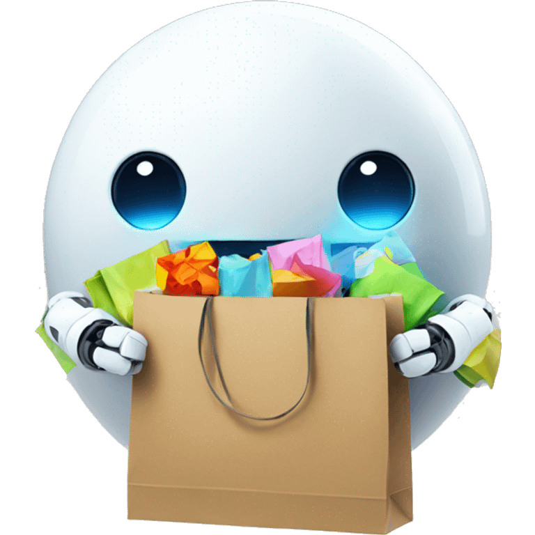 cute white floating spherical happy robot with floating shopping bags cool emoji