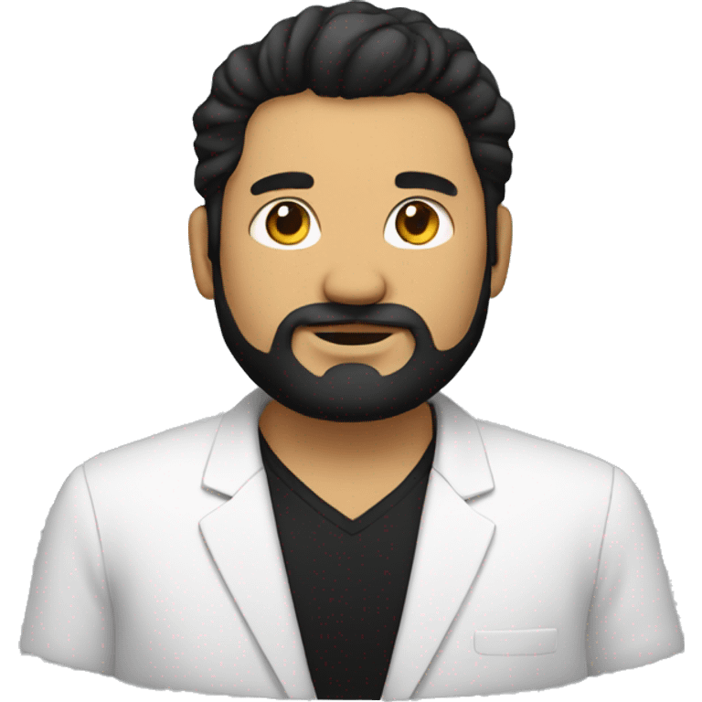 man with lots of black hair and beard, fat , dressed in black blazer with black tshirt emoji