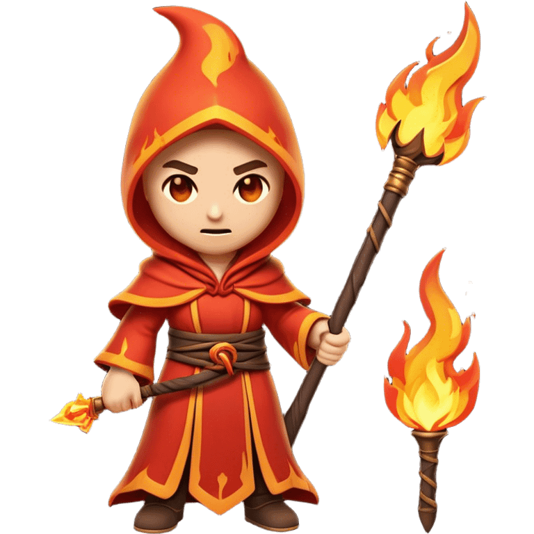 Clash of Clans aesthetic: Cinematic Ferocious Fire Mage Hero Emoji, rendered in a 3D vector-style similar to standard emojis with minimal shading and bold, simplified shapes. A compact, isometric figure draped in flowing, charred and ember-lined robes, wielding a fiery staff crackling with intense flames. Eyes burning with an infernal glow, exuding raw, untamed power. Simplified yet unmistakably iconic, highly detailed and consistent, glowing with a fiery, molten radiance and high shine. Stylized with a touch of menacing sorcery and a searing, ember-infused outline, capturing the essence of a wrathful mage ready to unleash devastating fire magic! emoji