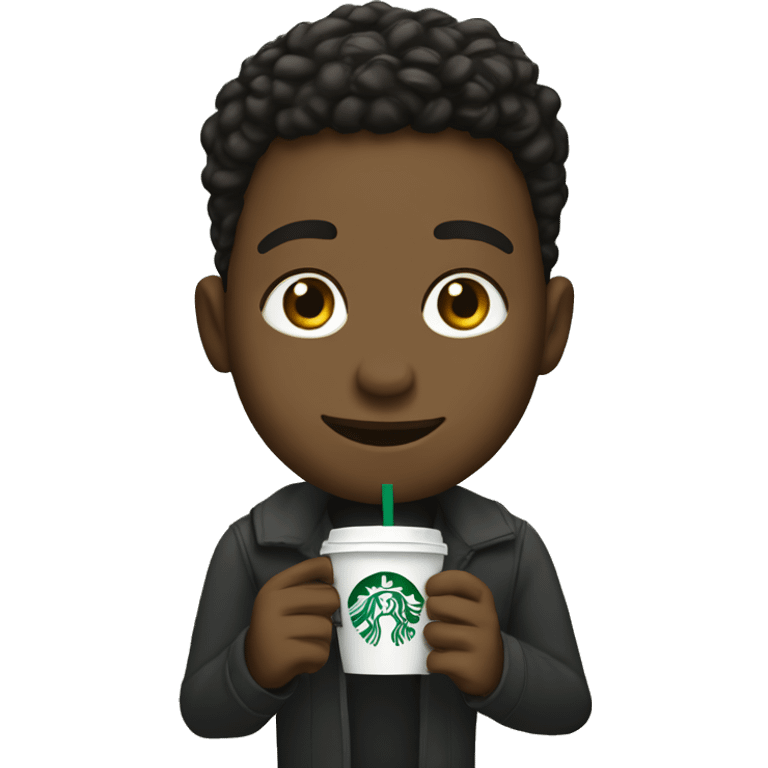 A young black man drinking Starbucks, coffee waving emoji