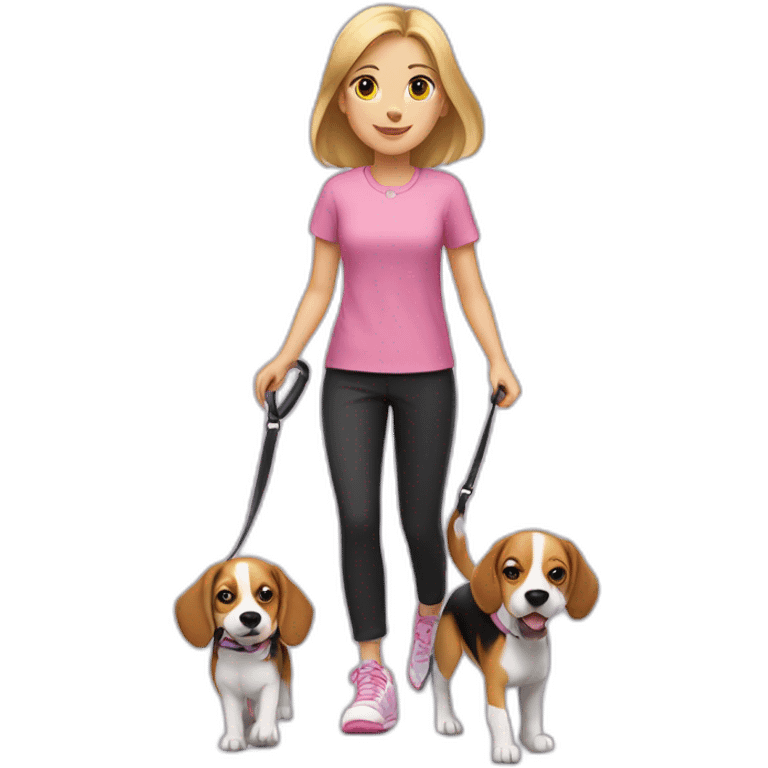 A blonde girl, in a pink blouse and black trousers, in sneakers, leads a beagle dog on a leash emoji