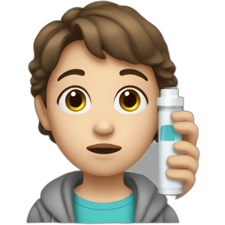 sickly child with brown hair and asthma inhaler emoji