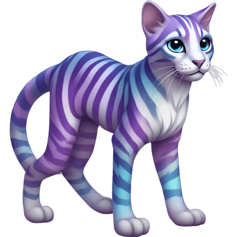 Colorful pastel vernid fantasy creature LiLaiRa Kamirah Falvie whiskers paws full body purple blue gradient stripes braided tail feline emoji