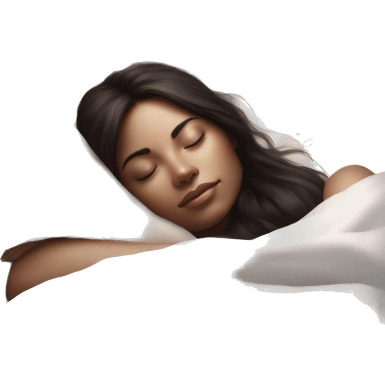 pretty brunette woman sleeping amongst white sheets soft textures and ethereal glow emoji