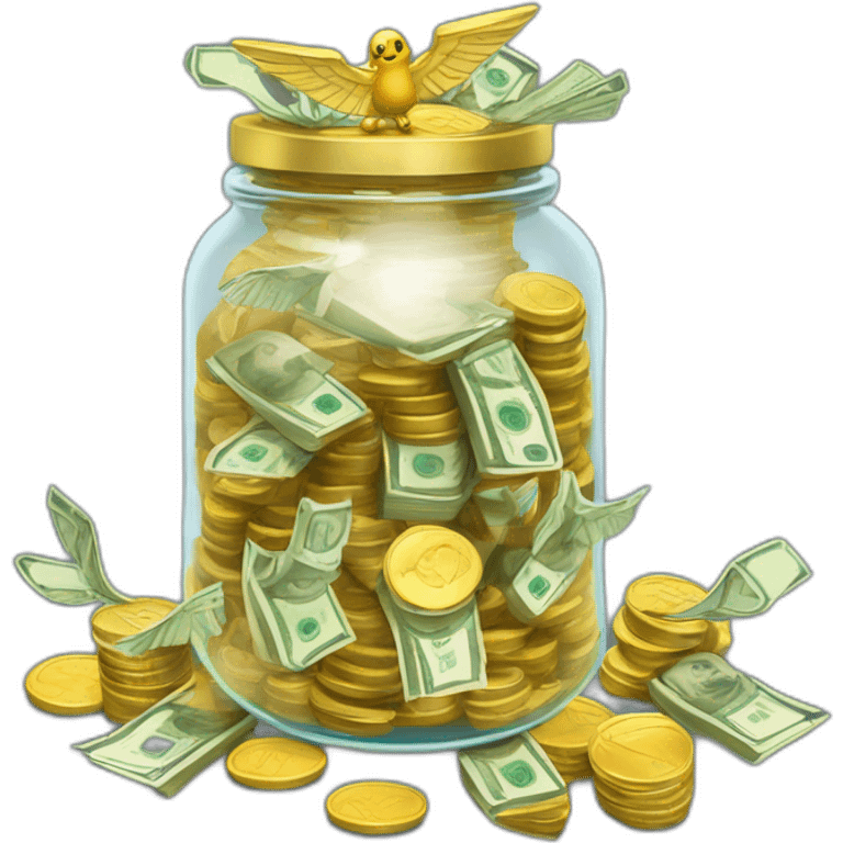 A clear jar overflowing with stacks of cash and gold :jar: :money_with_wings::coin:  emoji