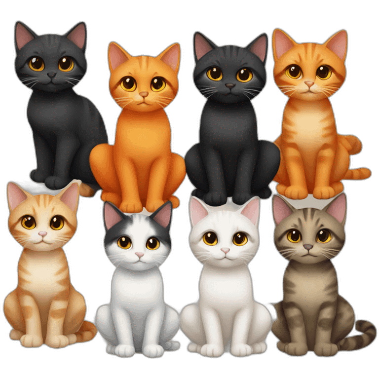 A group of 6 cats, 3 are black, 1 is orange and white, 1 is orange, and 1 is tortoise colored emoji