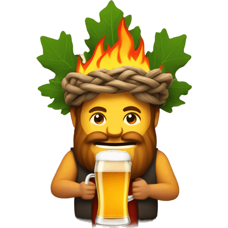 man on fire with oak-tree wreath on his head and beer in his hands emoji