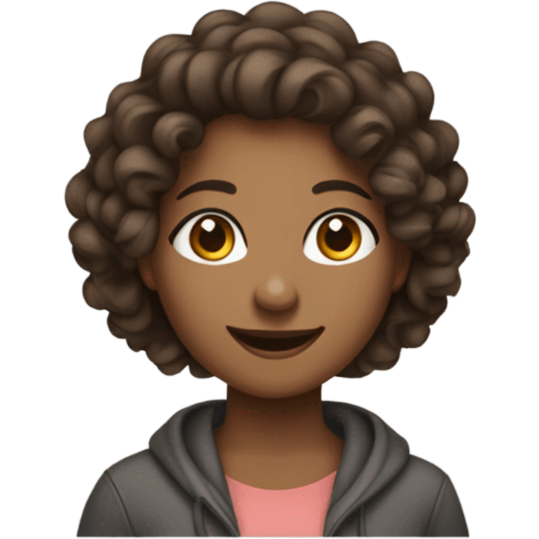 a woman saying hey! with a smile and a wave with a cute outfit on. long curly hair, brown eyes, brown skin, in leggings and a hoodie emoji