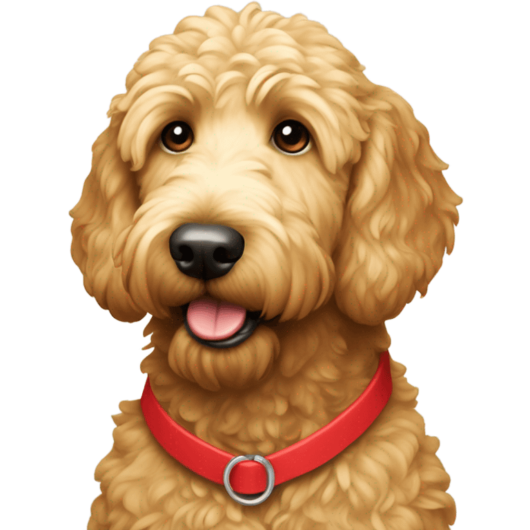 Golden doodle with white spit on forehead with red collar  emoji